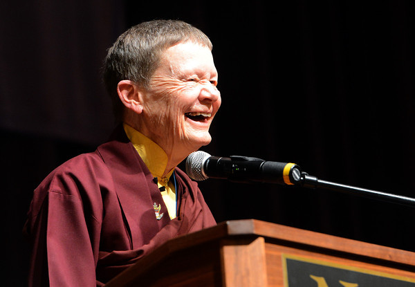 Naropa University commencement speaker, Ani Pema Chodron, gives a few of her life lessons to the new graduates. For more photos of Naropa, go to www.dailycamera.com. Cliff Grassmick / May 10, 2014